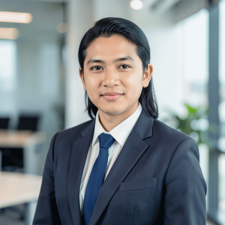 Foto potret profesional seorang profesional muda Indonesia yang percaya diri, mengenakan pakaian bisnis, dengan latar belakang korporat modern yang buram, ideal untuk foto profil LinkedIn atau CV.