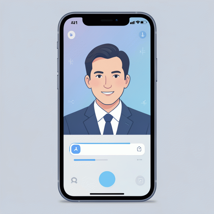 Abstract representation of an AI tool transforming a selfie into a professional corporate headshot on a smartphone.