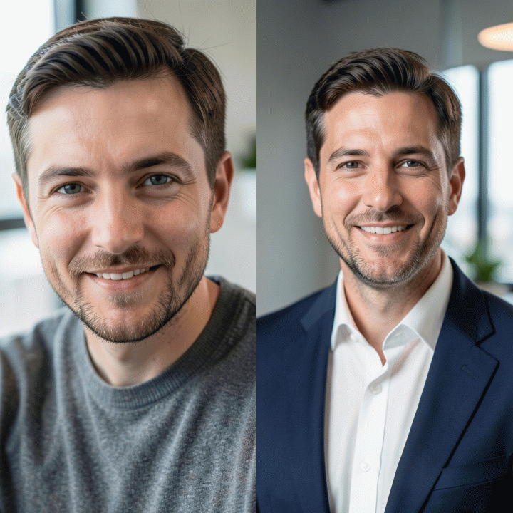 Before and after comparison of a casual selfie and a professional LinkedIn profile photo.