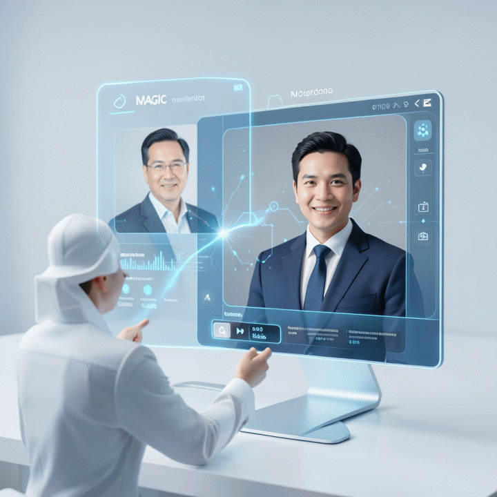 Visualisasi proses AI mengubah foto selfie menjadi foto profesional di dalam antarmuka digital yang elegan.