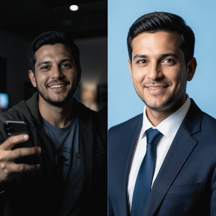 Perbandingan sisi-ke-sisi: selfie kasual vs foto profil profesional dengan latar belakang biru studio.