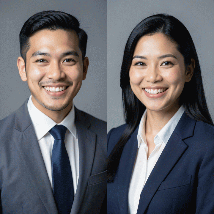 Pasangan profesional muda Indonesia dengan foto profil berkualitas studio, menunjukkan transformasi dari selfie kasual menjadi foto korporat formal menggunakan AI.