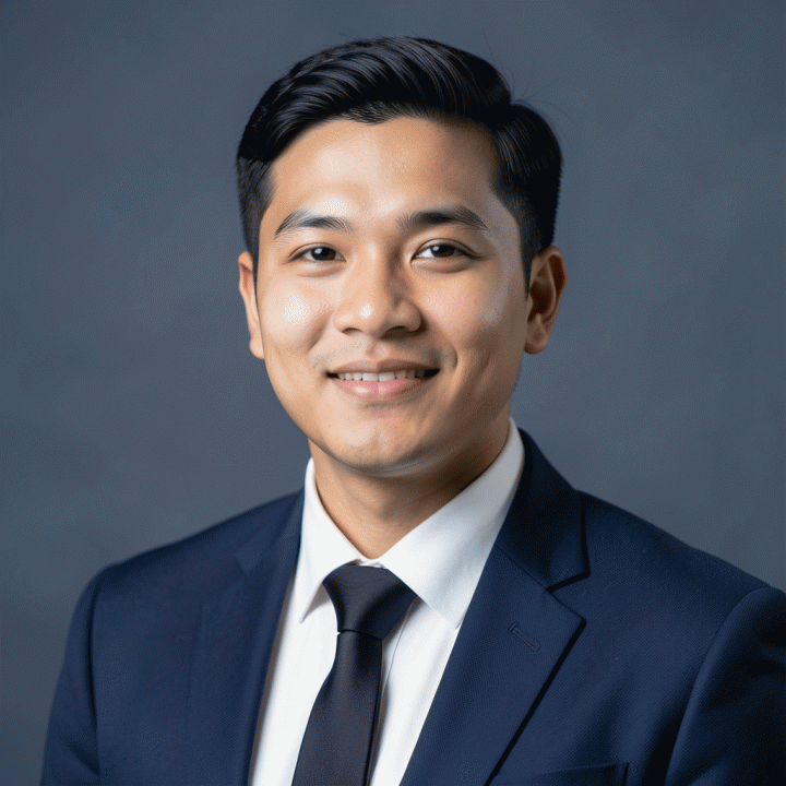 Contoh foto profil LinkedIn profesional hasil AI dengan latar belakang studio.