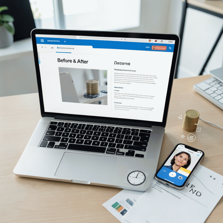 Tata letak flat-lay konseptual yang menunjukkan perbandingan sebelum dan sesudah transformasi foto profesional di laptop, dikelilingi properti karir seperti CV dan smartphone.