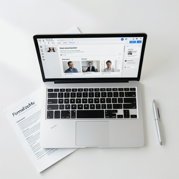 Visualisasi alat AI untuk mengedit foto profil profesional, ditampilkan di atas meja kerja minimalis bersama CV.