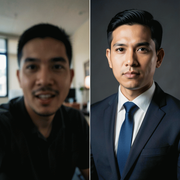 Perbandingan visual sebelum dan sesudah menggunakan AI: dari selfie kasual menjadi foto profil profesional.
