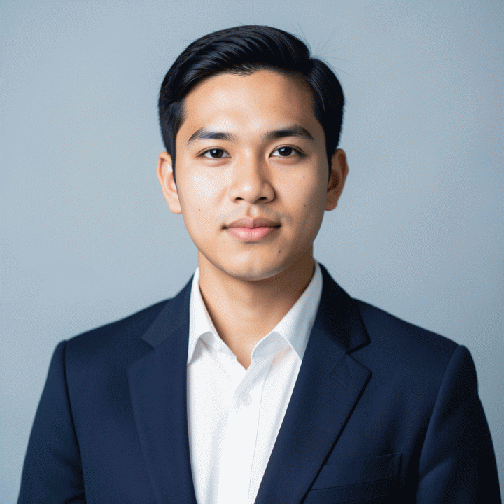 Foto potret studio profesional seorang profesional muda Indonesia untuk foto profil LinkedIn atau CV.