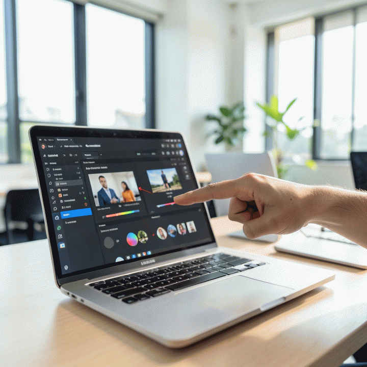 Penggunaan alat AI pada laptop untuk mengubah foto profil menjadi profesional.