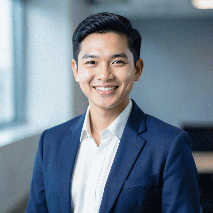 Potret profesional sinematik seorang pekerja muda Indonesia yang percaya diri dengan pakaian korporat di latar belakang studio yang bersih, ideal untuk foto profil LinkedIn atau CV.