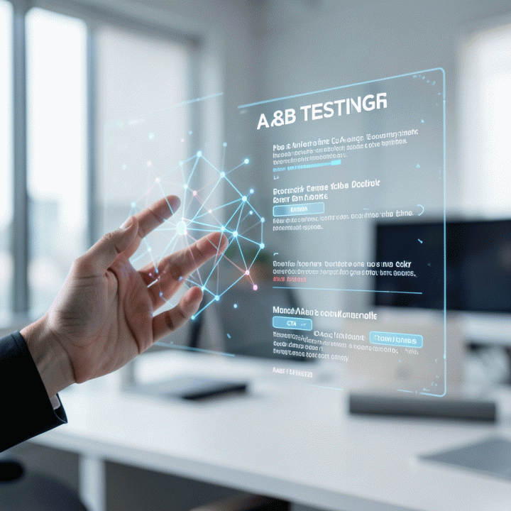 Tangan seorang profesional menunjuk visualisasi data pasar dan berbagai variasi copywriting iklan di layar holografik, melambangkan proses A/B testing.