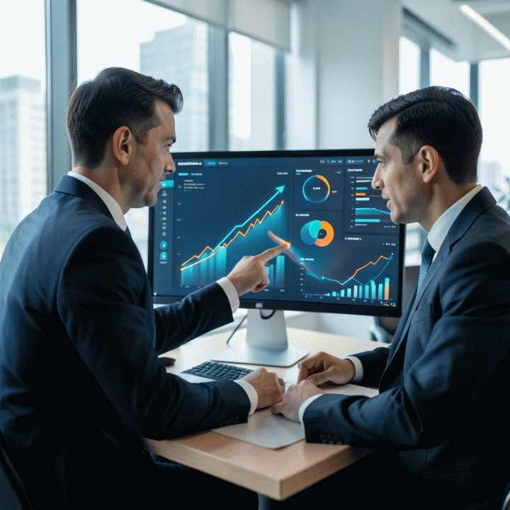 Seorang manajer pemasaran digital profesional sedang menganalisis data pasar pada dasbor multi-layar yang canggih, menunjukkan strategi iklan yang terukur dan optimal.
