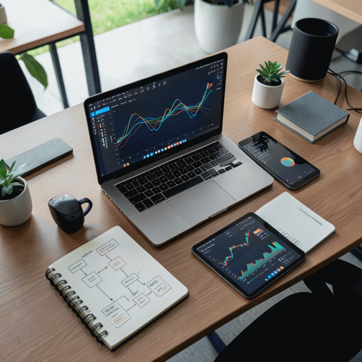 Meja kerja modern yang menampilkan perpaduan antara analisis data (grafik dan diagram) dan perencanaan kreatif (copywriting), menunjukkan strategi pemasaran berbasis data.