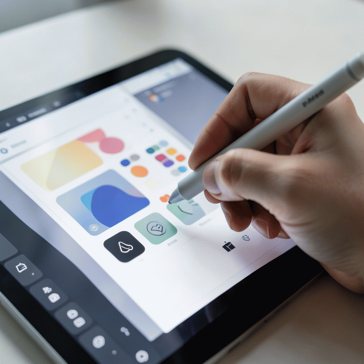Tangan sedang menggunakan stylus pada tablet untuk menyusun desain thumbnail menggunakan alat AI, menunjukkan proses optimasi visual.