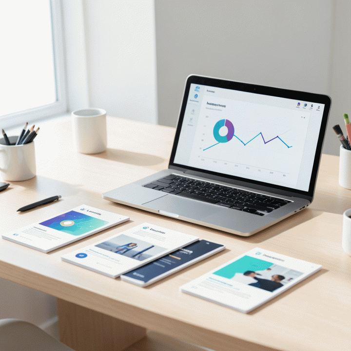 Mockup thumbnail edukasi yang konsisten dan profesional di atas meja kerja, di samping laptop yang menampilkan visualisasi data analitik.