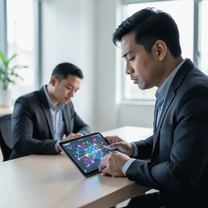 Seorang profesional muda Indonesia sedang fokus menggunakan tablet digital yang menampilkan pola-pola logika dan puzzle abstrak, melambangkan pengukuran kecerdasan dan potensi diri.