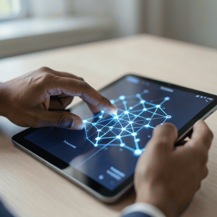 Tangan seseorang berinteraksi dengan tablet yang menampilkan visualisasi abstrak dari proses penalaran logika.