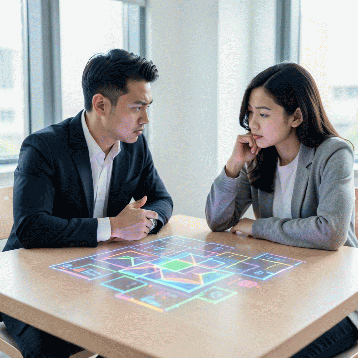 Pasangan profesional muda Indonesia berdiskusi di meja modern di depan antarmuka digital yang menampilkan pola logika dan tes kognitif, menunjukkan proses pengukuran potensi diri.