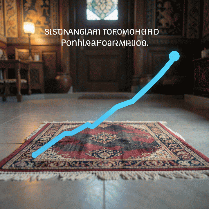 Visualisasi grafik tren progres spiritual yang stabil dan terus meningkat di atas sajadah, menunjukkan konsistensi ibadah jangka panjang.