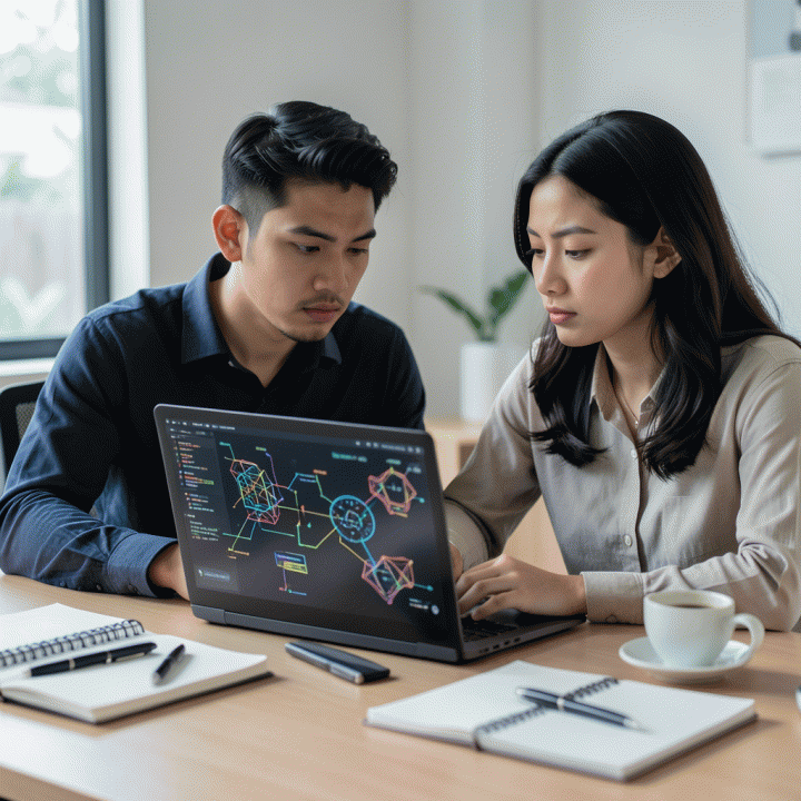 Foto profesional Indonesia yang sedang serius mengerjakan tes logika di laptop, dikelilingi elemen kerja modern dan inspiratif.