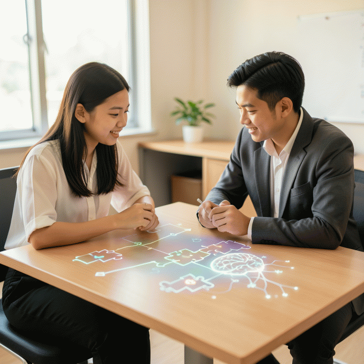 Visualisasi potensi diri dan pengembangan logika yang ditampilkan secara abstrak antara mentor dan mahasiswa.