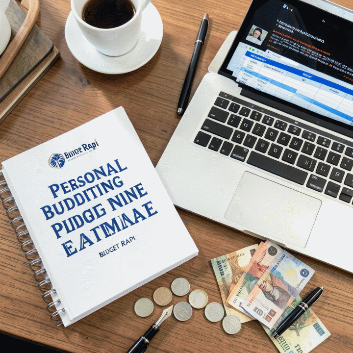 Pandangan atas meja kerja yang menampilkan buku perencanaan anggaran pribadi dan materi keuangan lain, menunjukkan proses pengorganisasian keuangan.
