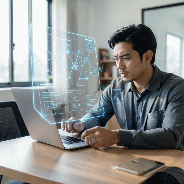 Seorang founder muda Indonesia bekerja di meja modern, berinteraksi dengan antarmuka holografik AI yang menampilkan peta jalan pengembangan ide bisnis digital yang kompleks dan terstruktur.