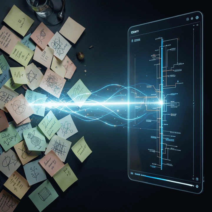 Visualisasi abstrak bagaimana AI mengubah ide-ide mentah yang tersebar menjadi rencana bisnis digital yang terstruktur.