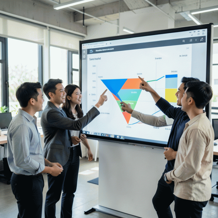 Tim profesional muda Indonesia berkolaborasi di depan papan tulis digital, menganalisis dan menyelaraskan metrik pertumbuhan dan tahapan pengembangan bisnis.