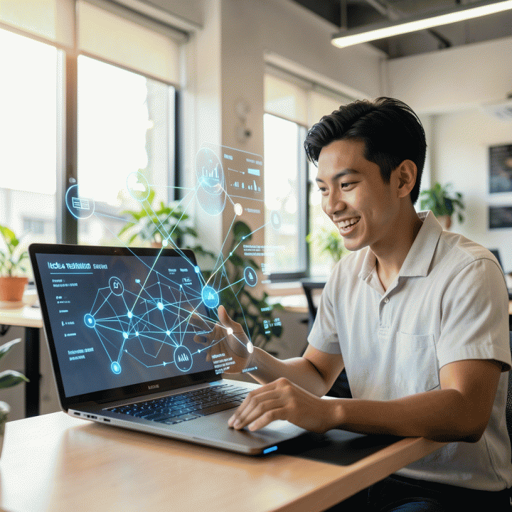 Seorang founder di ruang kerja modern sedang meninjau diagram holografik model bisnis digital yang kompleks dan bercahaya, melambangkan proses pengukuran dan pengembangan ide bisnis menggunakan AI.