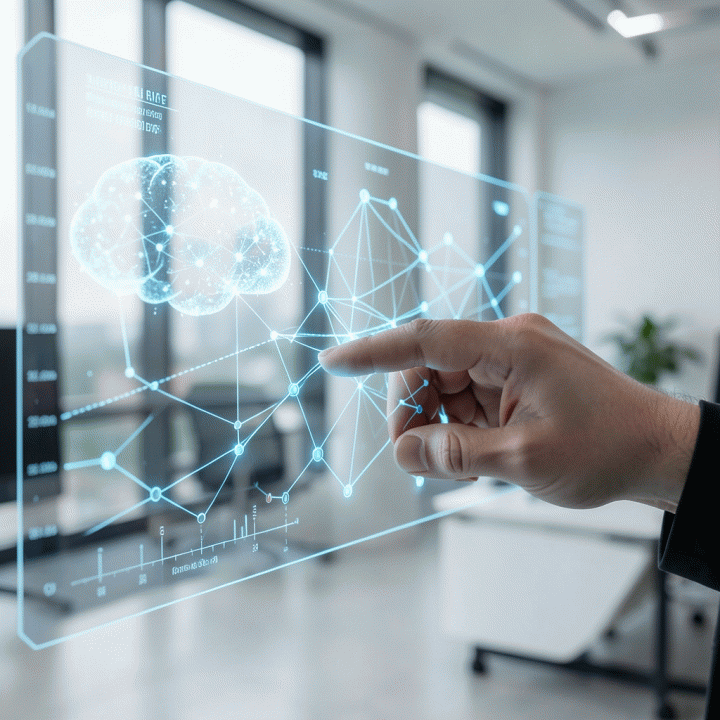 Tangan berinteraksi dengan antarmuka holografik yang menunjukkan evolusi data dari ide yang tersebar menjadi peta jalan pertumbuhan bisnis yang terstruktur.
