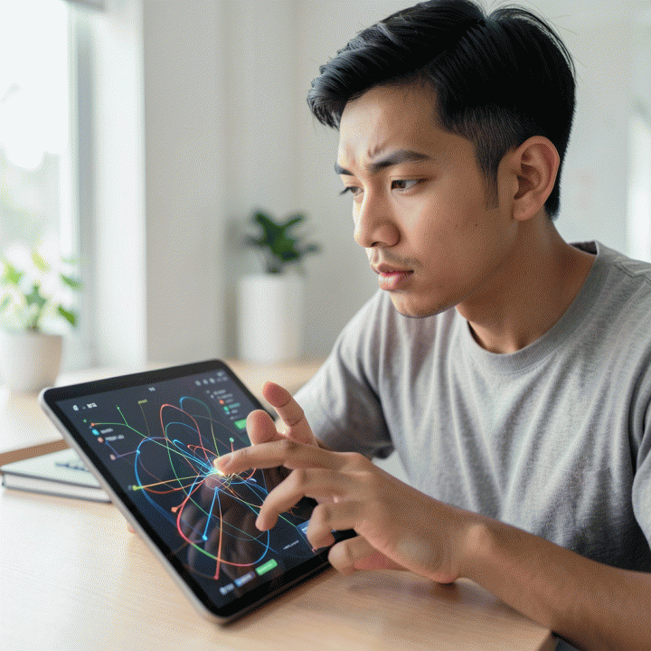 Foto sinematik close up seorang profesional muda Indonesia yang sedang fokus berpikir saat menggunakan tablet untuk asesmen kognitif, dikelilingi pola dan diagram abstrak modern.
