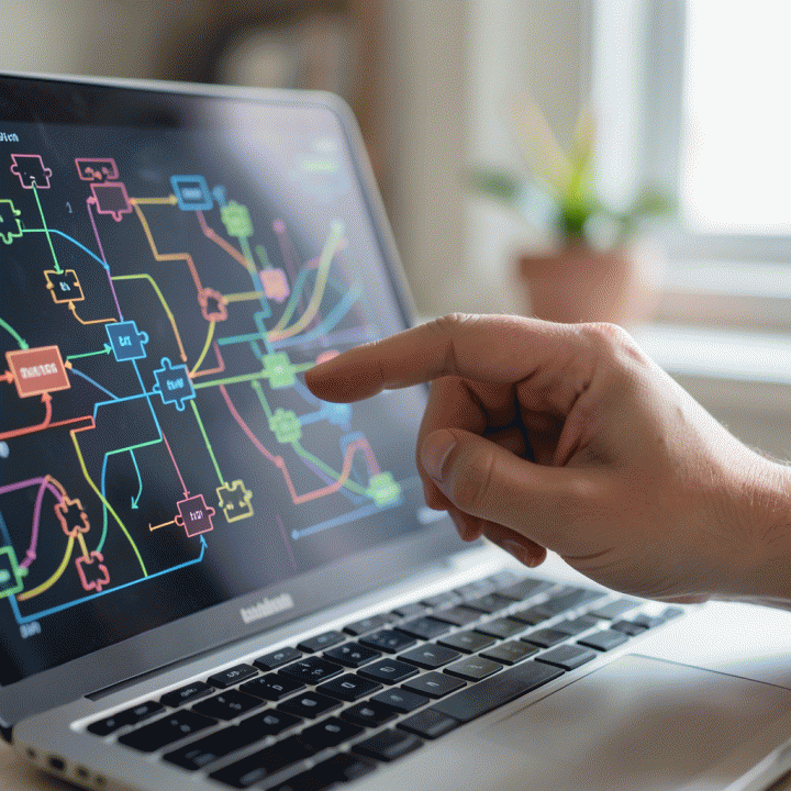 Tangan berinteraksi dengan antarmuka digital abstrak di layar laptop yang menampilkan pola dan diagram logika untuk asesmen kognitif.