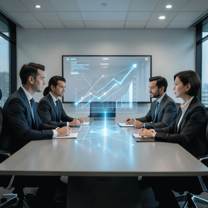 Grup profesional dalam ruang rapat modern menganalisis proyeksi data holografik yang menunjukkan pertumbuhan ROI yang terukur dan strategis.