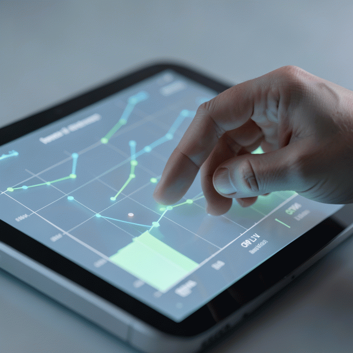 Tangan seorang profesional berinteraksi dengan antarmuka digital yang menampilkan visualisasi data metrik pemasaran dan analisis ROI.