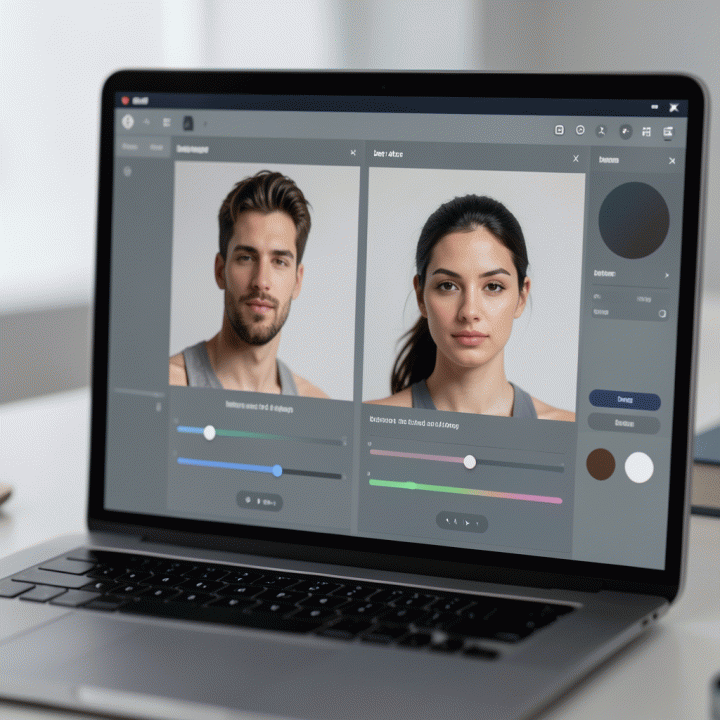 Ilustrasi antarmuka pengguna AI photo editor yang secara visual mengubah foto biasa menjadi potret profesional berkualitas tinggi.
