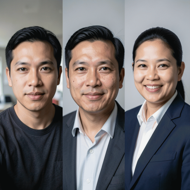 Perbandingan visual tiga jenis foto: selfie kasual, foto amatir, dan foto profil profesional yang ideal untuk LinkedIn.