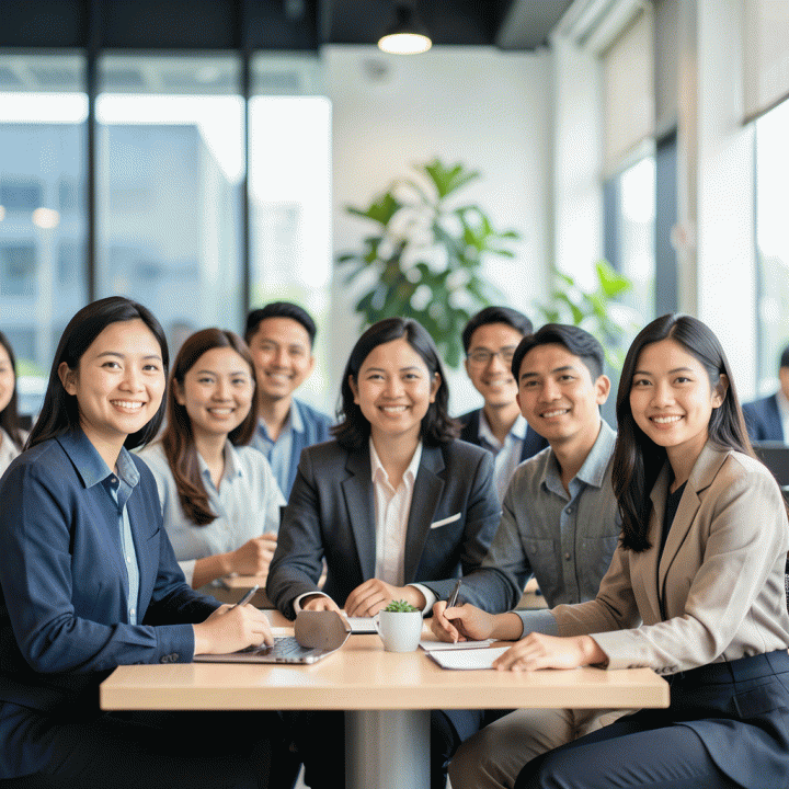 Grup profesional Indonesia berpose di ruang kerja modern, menampilkan suasana kerja kolaboratif dan profesionalitas tinggi.