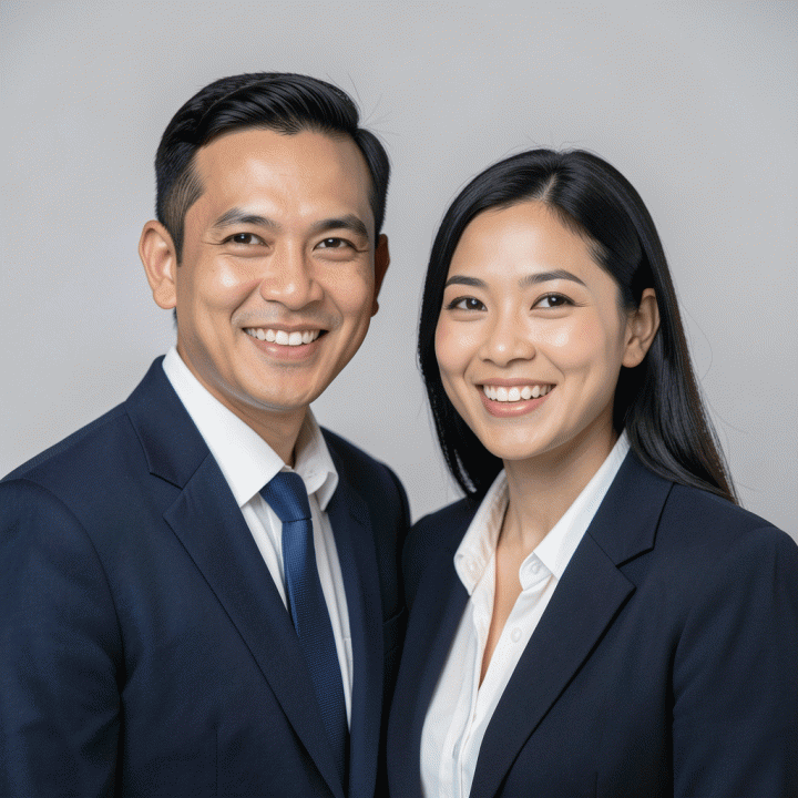 Contoh foto profil profesional yang ideal untuk LinkedIn: subjek tersenyum dan berpakaian formal di latar belakang netral.