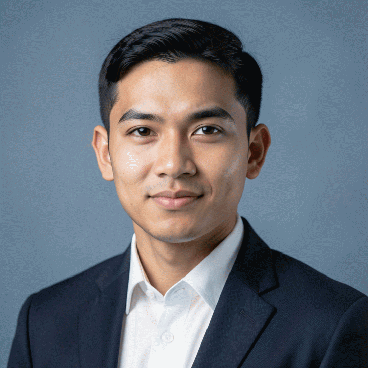 Contoh foto profil LinkedIn yang profesional dan modern dengan latar belakang solid.