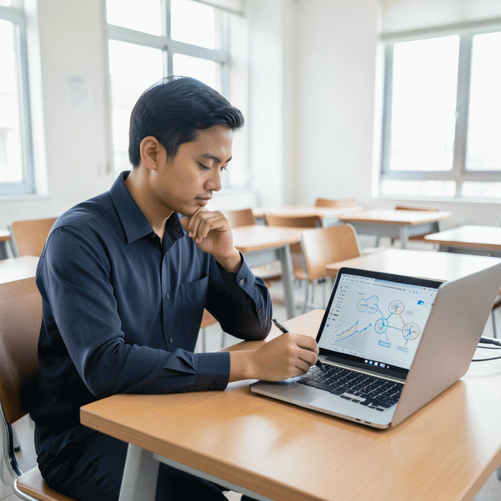 Seorang guru profesional Indonesia sedang duduk di meja modern yang terang, terlihat merenungkan dan mencatat refleksi pembelajaran pada tabletnya, melambangkan pengembangan diri dan perencanaan tindak lanjut pendidikan.