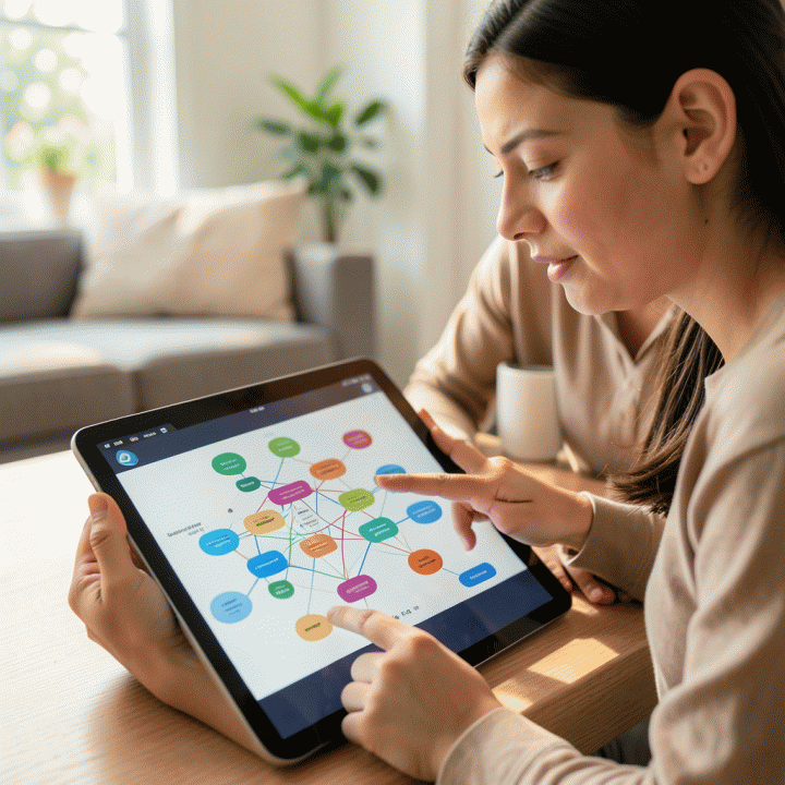 Orang tua dan guru berkolaborasi menggunakan tablet yang menampilkan visualisasi peta konsep pembelajaran yang abstrak dan berwarna.
