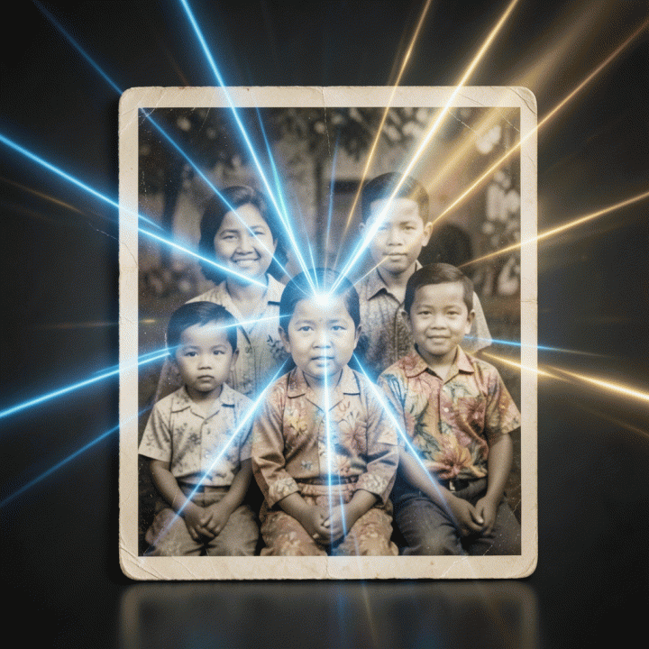 Transformasi foto keluarga vintage yang buram dan kusam menjadi gambar resolusi tinggi yang tajam dan profesional menggunakan teknologi AI.