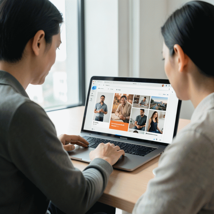 Pemasar konten digital menggunakan AI untuk meningkatkan kualitas foto arsip menjadi aset profesional di lingkungan kerja modern.