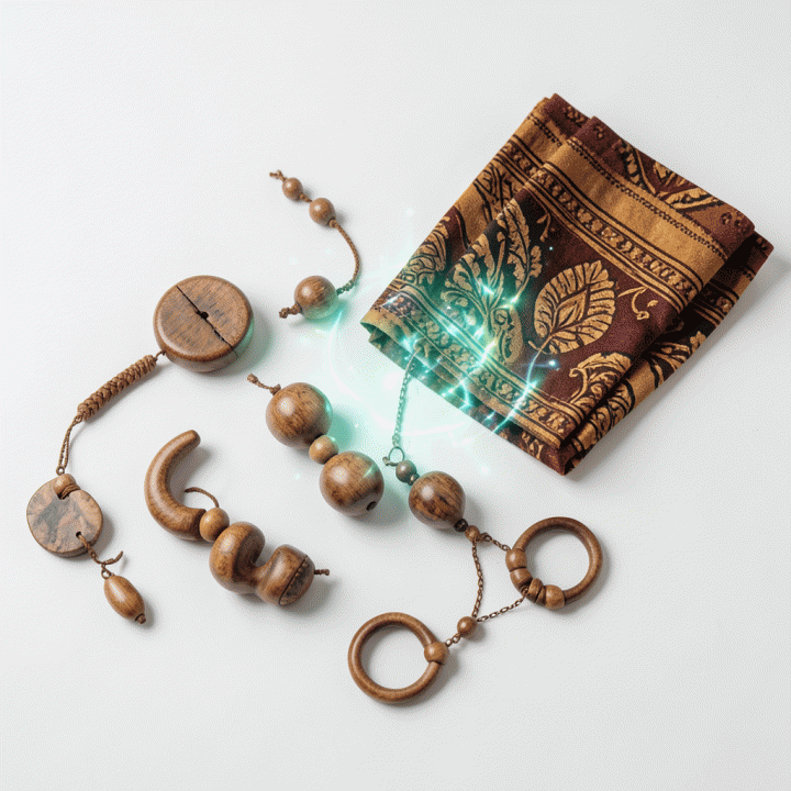 Foto flat lay produk e-commerce berkualitas tinggi dengan latar belakang studio yang bersih, menunjukkan detail produk yang sangat tajam dan profesional, disimbolkan oleh efek peningkatan digital.