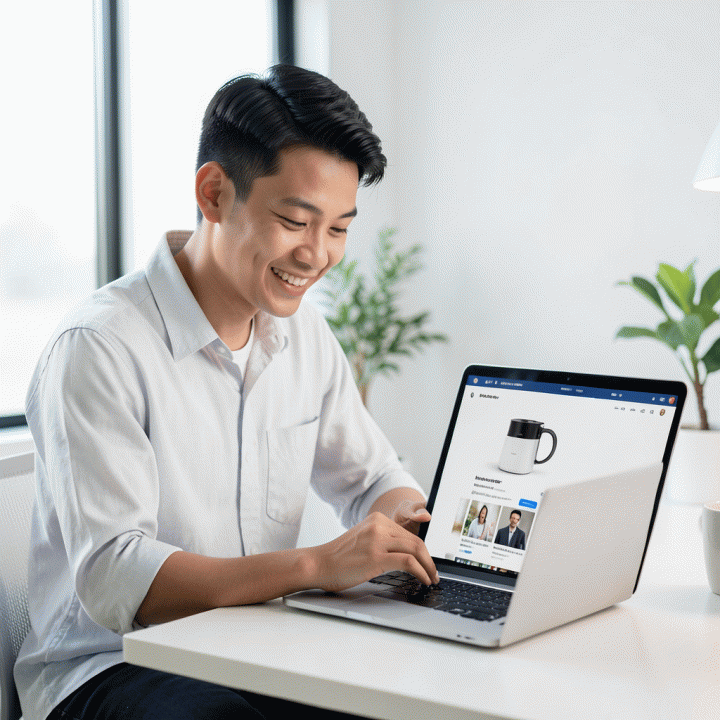 Pengusaha UMKM yang menggunakan perangkat digital untuk melihat foto produk e-commerce berkualitas tinggi dan profesional.