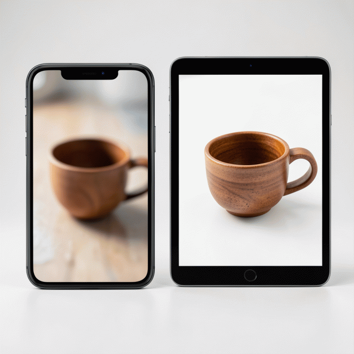 Perbandingan visual antara foto produk beresolusi rendah (buram) dan foto produk yang telah ditingkatkan resolusinya (tajam, detail) menggunakan AI.