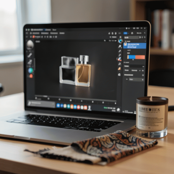Tangan yang sedang menggunakan software AI di laptop untuk meningkatkan resolusi foto produk e-commerce.
