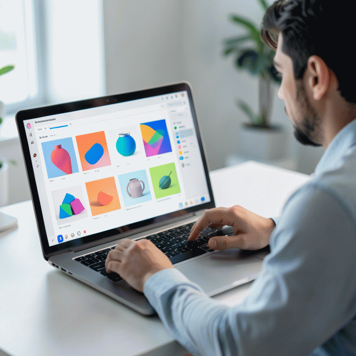 Seorang pemilik UMKM menggunakan alat AI di laptop untuk meningkatkan kualitas visual materi iklan media sosial dari resolusi rendah menjadi aset premium.