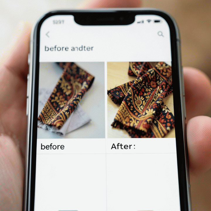 Perbandingan visual &lsquo;sebelum dan sesudah&rsquo; foto produk yang diperbaiki resolusi dan kejernihannya menggunakan AI pada layar smartphone.