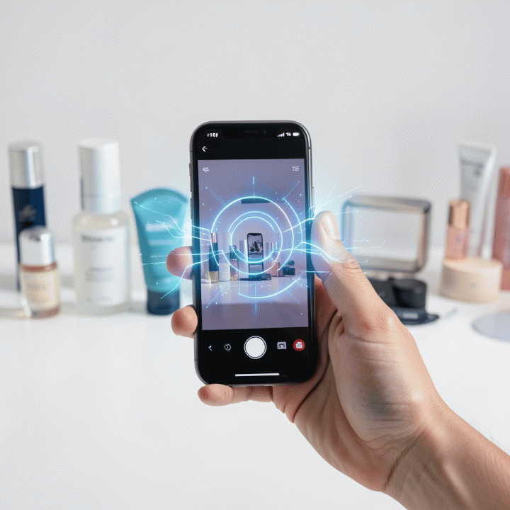 Tangan yang menggunakan smartphone untuk mengambil foto produk e-commerce, dengan visualisasi digital AI yang meningkatkan resolusi dan kejernihan gambar secara instan.